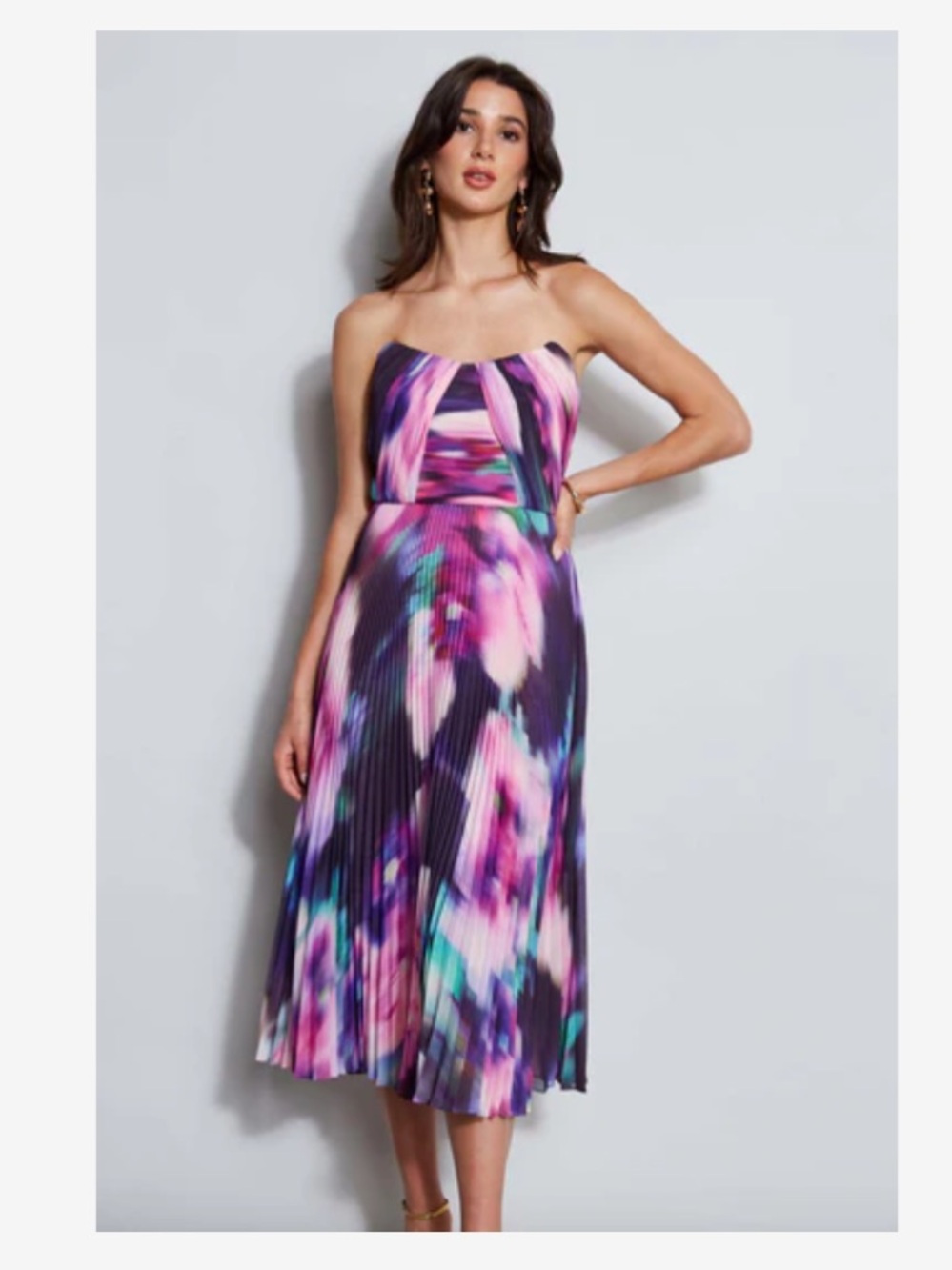 elie tahari Strapless Pleated Print Midi Dress MULTI, Sz 4